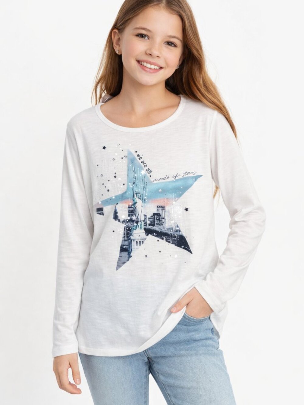 Justice Girls Long Sleeve Statue of Liberty Graphic Tee White Blue Size 10